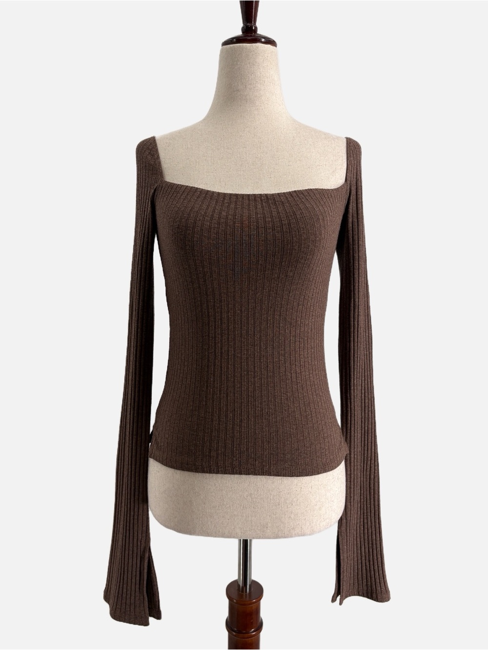 Carbon38 Split Sleeve Square Neck Poorboy Rib Top Cocoa Shelf Bra Small